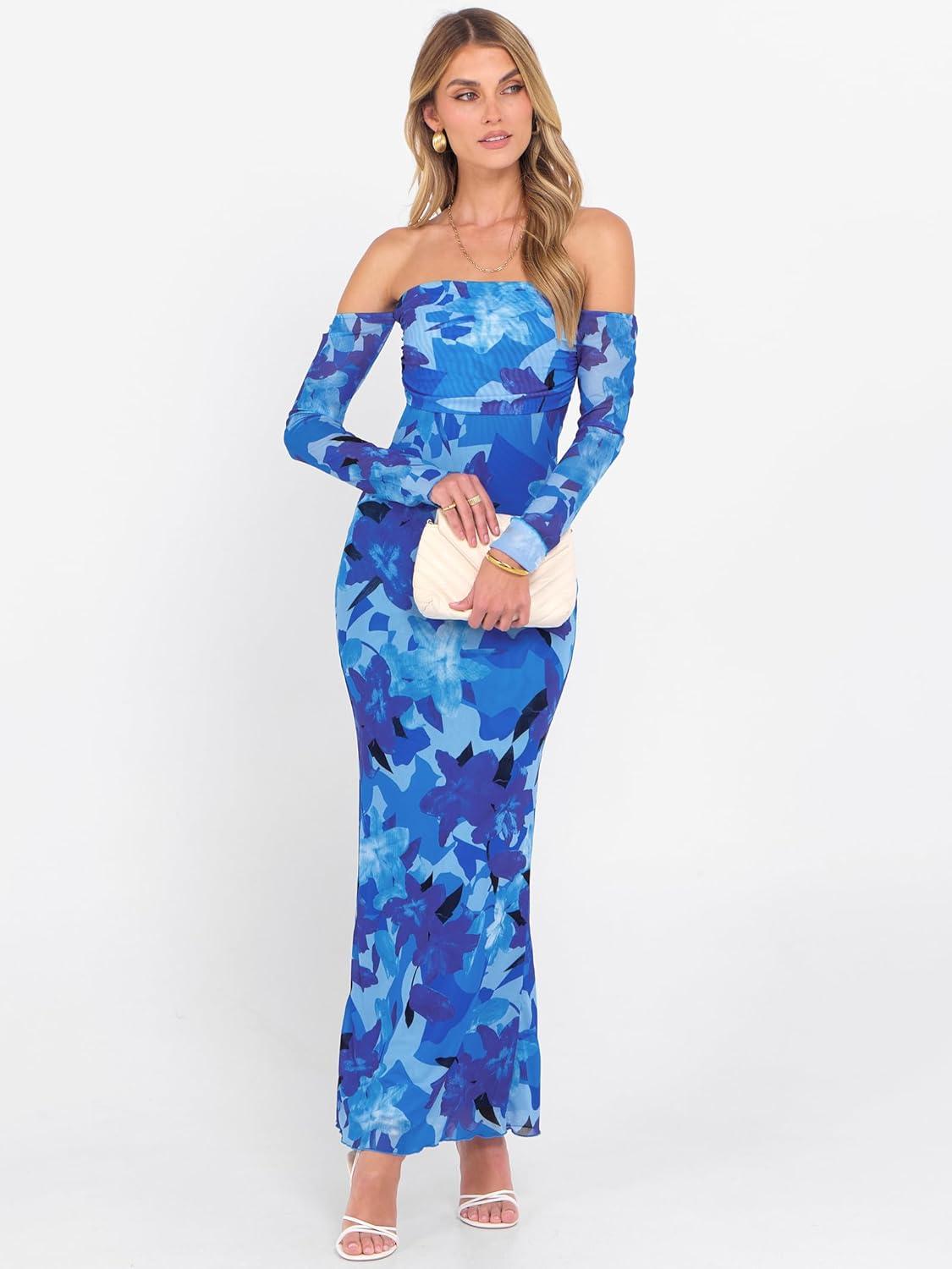 imageCaracilia Womens Bodycon Off Shoulder Maxi Dresses Long Sleeve Mesh Ruched Sexy Cocktail Party Club Long Dress 2025 FallBlue Floral