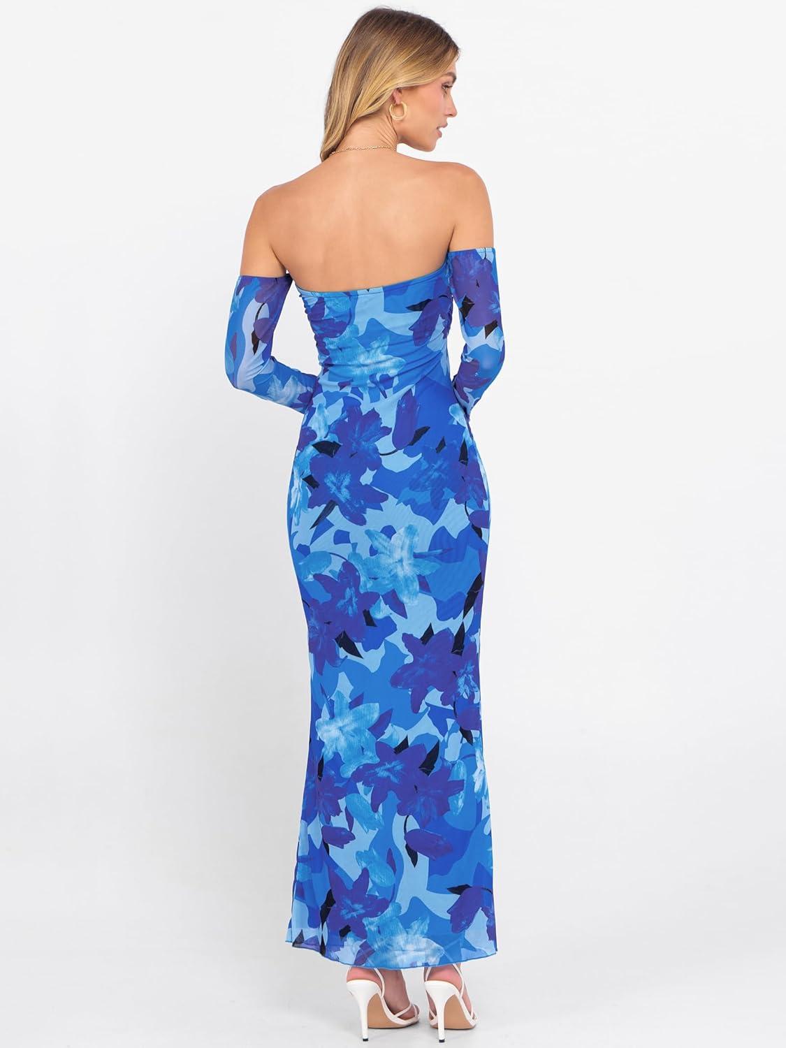 imageCaracilia Womens Bodycon Off Shoulder Maxi Dresses Long Sleeve Mesh Ruched Sexy Cocktail Party Club Long Dress 2025 FallBlue Floral