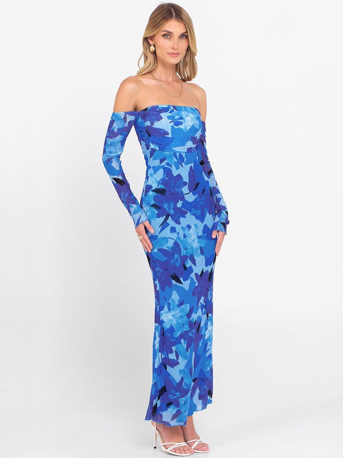 imageCaracilia Womens Bodycon Off Shoulder Maxi Dresses Long Sleeve Mesh Ruched Sexy Cocktail Party Club Long Dress 2025 FallBlue Floral