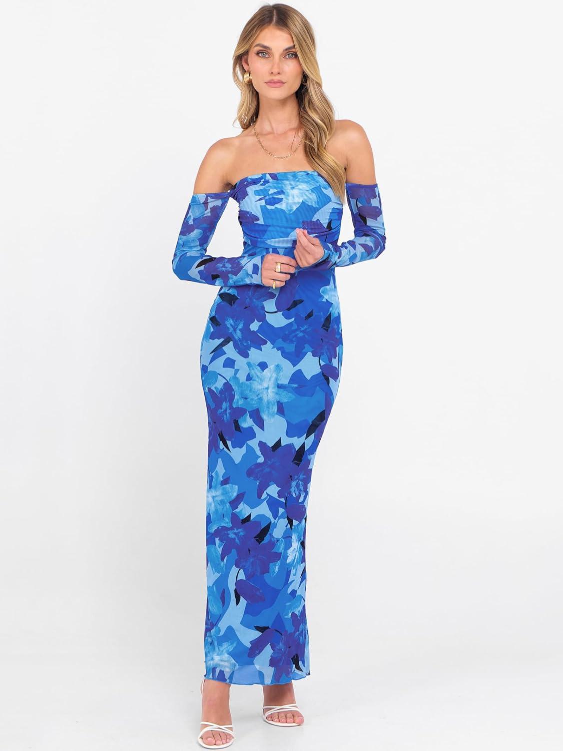 imageCaracilia Womens Bodycon Off Shoulder Maxi Dresses Long Sleeve Mesh Ruched Sexy Cocktail Party Club Long Dress 2025 FallBlue Floral