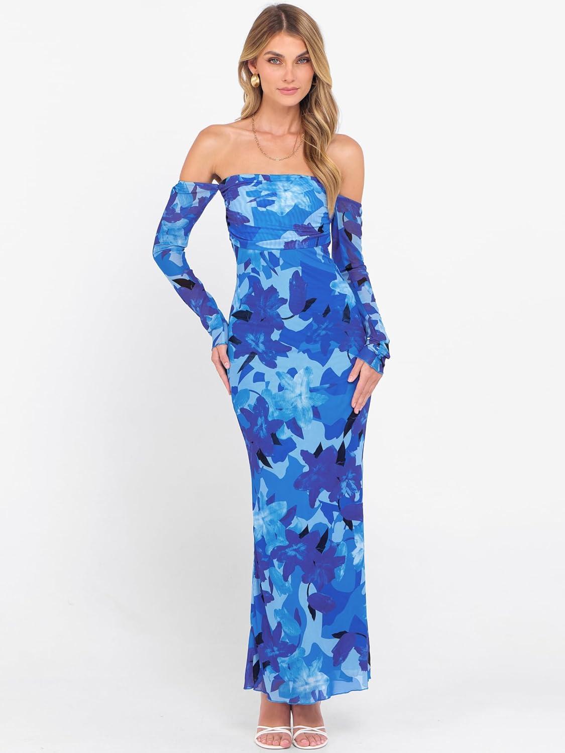 imageCaracilia Womens Bodycon Off Shoulder Maxi Dresses Long Sleeve Mesh Ruched Sexy Cocktail Party Club Long Dress 2025 FallBlue Floral
