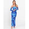 imageCaracilia Womens Bodycon Off Shoulder Maxi Dresses Long Sleeve Mesh Ruched Sexy Cocktail Party Club Long Dress 2025 FallBlue Floral
