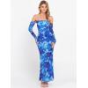 imageCaracilia Womens Bodycon Off Shoulder Maxi Dresses Long Sleeve Mesh Ruched Sexy Cocktail Party Club Long Dress 2025 FallBlue Floral