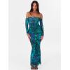 imageCaracilia Womens Bodycon Off Shoulder Maxi Dresses Long Sleeve Mesh Ruched Sexy Cocktail Party Club Long Dress 2025 FallGreen Floral
