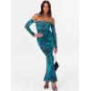 imageCaracilia Womens Bodycon Off Shoulder Maxi Dresses Long Sleeve Mesh Ruched Sexy Cocktail Party Club Long Dress 2025 FallGreen Floral
