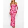 imageCaracilia Womens Bodycon Off Shoulder Maxi Dresses Long Sleeve Mesh Ruched Sexy Cocktail Party Club Long Dress 2025 FallRose Floral