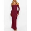 imageCaracilia Womens Bodycon Off Shoulder Maxi Dresses Long Sleeve Mesh Ruched Sexy Cocktail Party Club Long Dress 2025 FallWine Red
