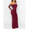 imageCaracilia Womens Bodycon Off Shoulder Maxi Dresses Long Sleeve Mesh Ruched Sexy Cocktail Party Club Long Dress 2025 FallWine Red