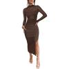 imageCaracilia Womens Mesh Dress Long Sleeve Mock Neck Bodycon Sheer Going Out Cocktail Night Club Midi Dresses 3 Piece OutfitsDeep Brown
