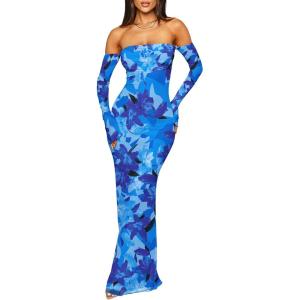 imageCaracilia Womens Bodycon Off Shoulder Maxi Dresses Long Sleeve Mesh Ruched Sexy Cocktail Party Club Long Dress 2025 FallBlue Floral