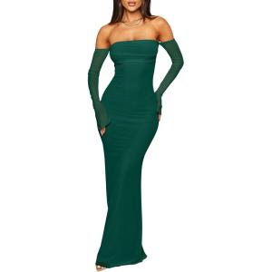 imageCaracilia Womens Bodycon Off Shoulder Maxi Dresses Long Sleeve Mesh Ruched Sexy Cocktail Party Club Long Dress 2025 FallForest Green