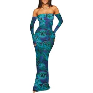 imageCaracilia Womens Bodycon Off Shoulder Maxi Dresses Long Sleeve Mesh Ruched Sexy Cocktail Party Club Long Dress 2025 FallGreen Floral
