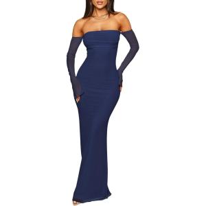 imageCaracilia Womens Bodycon Off Shoulder Maxi Dresses Long Sleeve Mesh Ruched Sexy Cocktail Party Club Long Dress 2025 FallNavy Blue