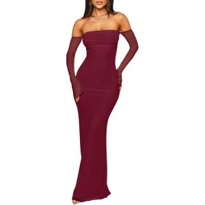 imageCaracilia Womens Bodycon Off Shoulder Maxi Dresses Long Sleeve Mesh Ruched Sexy Cocktail Party Club Long Dress 2025 FallWine Red