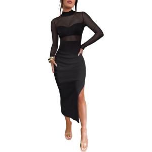 imageCaracilia Womens Mesh Dress Long Sleeve Mock Neck Bodycon Sheer Going Out Cocktail Night Club Midi Dresses 3 Piece OutfitsBlack