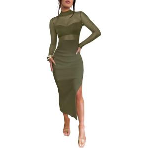 imageCaracilia Womens Mesh Dress Long Sleeve Mock Neck Bodycon Sheer Going Out Cocktail Night Club Midi Dresses 3 Piece OutfitsOliva Green