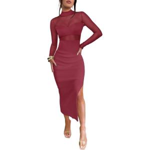 imageCaracilia Womens Mesh Dress Long Sleeve Mock Neck Bodycon Sheer Going Out Cocktail Night Club Midi Dresses 3 Piece OutfitsWine Red