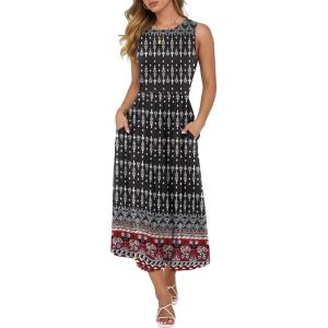 imageCaracilia Womens Summer Sleeveless Midi Dress Casual Floral Printed ALine Tank Beach Sundress with PocketsBlack Red