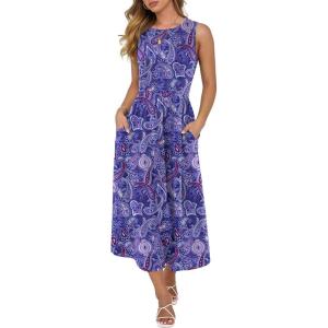 imageCaracilia Womens Summer Sleeveless Midi Dress Casual Floral Printed ALine Tank Beach Sundress with PocketsBlue Bohemian Print