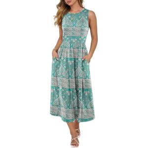 imageCaracilia Womens Summer Sleeveless Midi Dress Casual Floral Printed ALine Tank Beach Sundress with PocketsGreen Boho Printed