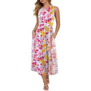 imageCaracilia Womens Summer Sleeveless Midi Dress Casual Floral Printed ALine Tank Beach Sundress with PocketsMulticolour Floral