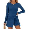 imageCaracilia Women Long Sleeve Tennis Dress 2025 Fall Bodycon Tie Waist Romper Skorts Athletic Mini Dresses Built in ShortsDark Blue