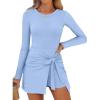 imageCaracilia Women Long Sleeve Tennis Dress 2025 Fall Bodycon Tie Waist Romper Skorts Athletic Mini Dresses Built in ShortsSky Blue