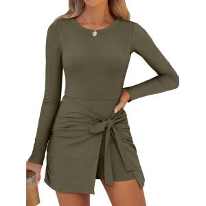 imageCaracilia Women Long Sleeve Tennis Dress 2025 Fall Bodycon Tie Waist Romper Skorts Athletic Mini Dresses Built in ShortsArmy Green