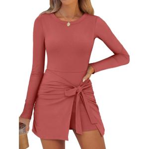 imageCaracilia Women Long Sleeve Tennis Dress 2025 Fall Bodycon Tie Waist Romper Skorts Athletic Mini Dresses Built in ShortsRust Red