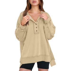 imageCaracilia Womens Oversized Sweatshirts Long Sleeve Henley Button Down Pullover Hoodies Tunic Tops 2025 Trendy Fall ClothesApricot