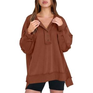 imageCaracilia Womens Oversized Sweatshirts Long Sleeve Henley Button Down Pullover Hoodies Tunic Tops 2025 Trendy Fall ClothesCaramel