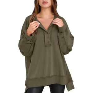 imageCaracilia Womens Oversized Sweatshirts Long Sleeve Henley Button Down Pullover Hoodies Tunic Tops 2025 Trendy Fall ClothesGreen