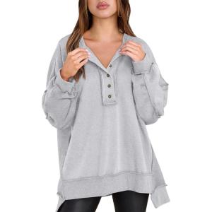 imageCaracilia Womens Oversized Sweatshirts Long Sleeve Henley Button Down Pullover Hoodies Tunic Tops 2025 Trendy Fall ClothesLight Gray
