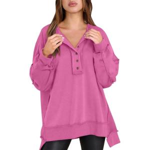 imageCaracilia Womens Oversized Sweatshirts Long Sleeve Henley Button Down Pullover Hoodies Tunic Tops 2025 Trendy Fall ClothesPurple