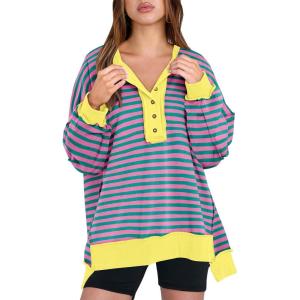 imageCaracilia Womens Oversized Sweatshirts Long Sleeve Henley Button Down Pullover Hoodies Tunic Tops 2025 Trendy Fall ClothesStriped Pink