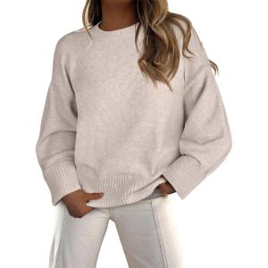 imageCaracilia Sweaters for Women Oversized Long Sleeve Casual Crewneck Knit Pullover Sweater Tops 2025 Fall Loose Winter OutfitsAlmond
