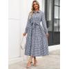 imageCaracilia Women Long Sleeve Maxi Dress 2025 Fall Casual Button Down Striped Plaid Tie Waist Shirt Dresses Vacation OutfitsNavy Blue White Plaid