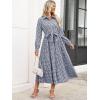 imageCaracilia Women Long Sleeve Maxi Dress 2025 Fall Casual Button Down Striped Plaid Tie Waist Shirt Dresses Vacation OutfitsNavy Blue White Plaid