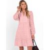 imageCaracilia Womens Dresses Long Sleeve V Neck Eyelet Hollow Out Fall Casual Flowy Swing Boho Tiered 2025 Mini Short DressPink