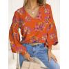 imageCaracilia Womens Dressy Casual Blouses Puff Long Sleeve Shirts V Neck Floral Boho Tops 2025 Fall Vacation OutfitsFloral Orange