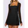 imageCaracilia Womens Sexy Mesh Ruched Mini Dresses Long Sleeve Square Neck Tie Fall Club Party Cocktail Short Dress 2025 FashionBlack