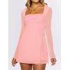 imageCaracilia Womens Sexy Mesh Ruched Mini Dresses Long Sleeve Square Neck Tie Fall Club Party Cocktail Short Dress 2025 FashionCoral Pink