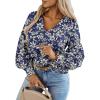 imageCaracilia Womens Dressy Casual Blouses Puff Long Sleeve Shirts V Neck Floral Boho Tops 2025 Fall Vacation OutfitsFloral Navy