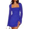 imageCaracilia Womens Sexy Mesh Ruched Mini Dresses Long Sleeve Square Neck Tie Fall Club Party Cocktail Short Dress 2025 FashionRoyal Blue