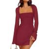 imageCaracilia Womens Sexy Mesh Ruched Mini Dresses Long Sleeve Square Neck Tie Fall Club Party Cocktail Short Dress 2025 FashionWine Red