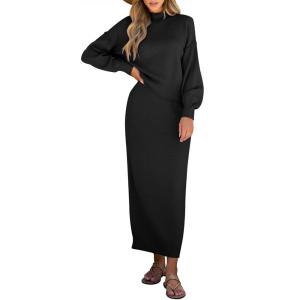 imageCaracilia 2 Piece Skirt Set for Women Sweater Dress Long Sleeve Oversized Tops Matching Maxi Skirts 2025 Fall Outfits ClothesBlack