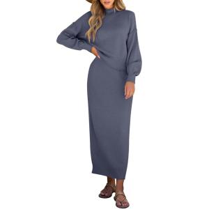 imageCaracilia 2 Piece Skirt Set for Women Sweater Dress Long Sleeve Oversized Tops Matching Maxi Skirts 2025 Fall Outfits ClothesBlue Grey