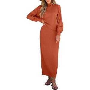 imageCaracilia 2 Piece Skirt Set for Women Sweater Dress Long Sleeve Oversized Tops Matching Maxi Skirts 2025 Fall Outfits ClothesBrick Red