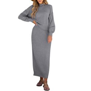 imageCaracilia 2 Piece Skirt Set for Women Sweater Dress Long Sleeve Oversized Tops Matching Maxi Skirts 2025 Fall Outfits ClothesGrey