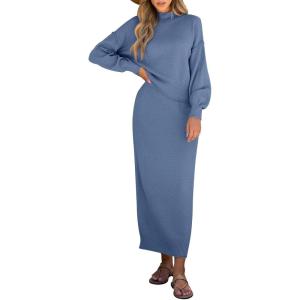 imageCaracilia 2 Piece Skirt Set for Women Sweater Dress Long Sleeve Oversized Tops Matching Maxi Skirts 2025 Fall Outfits ClothesIndigo